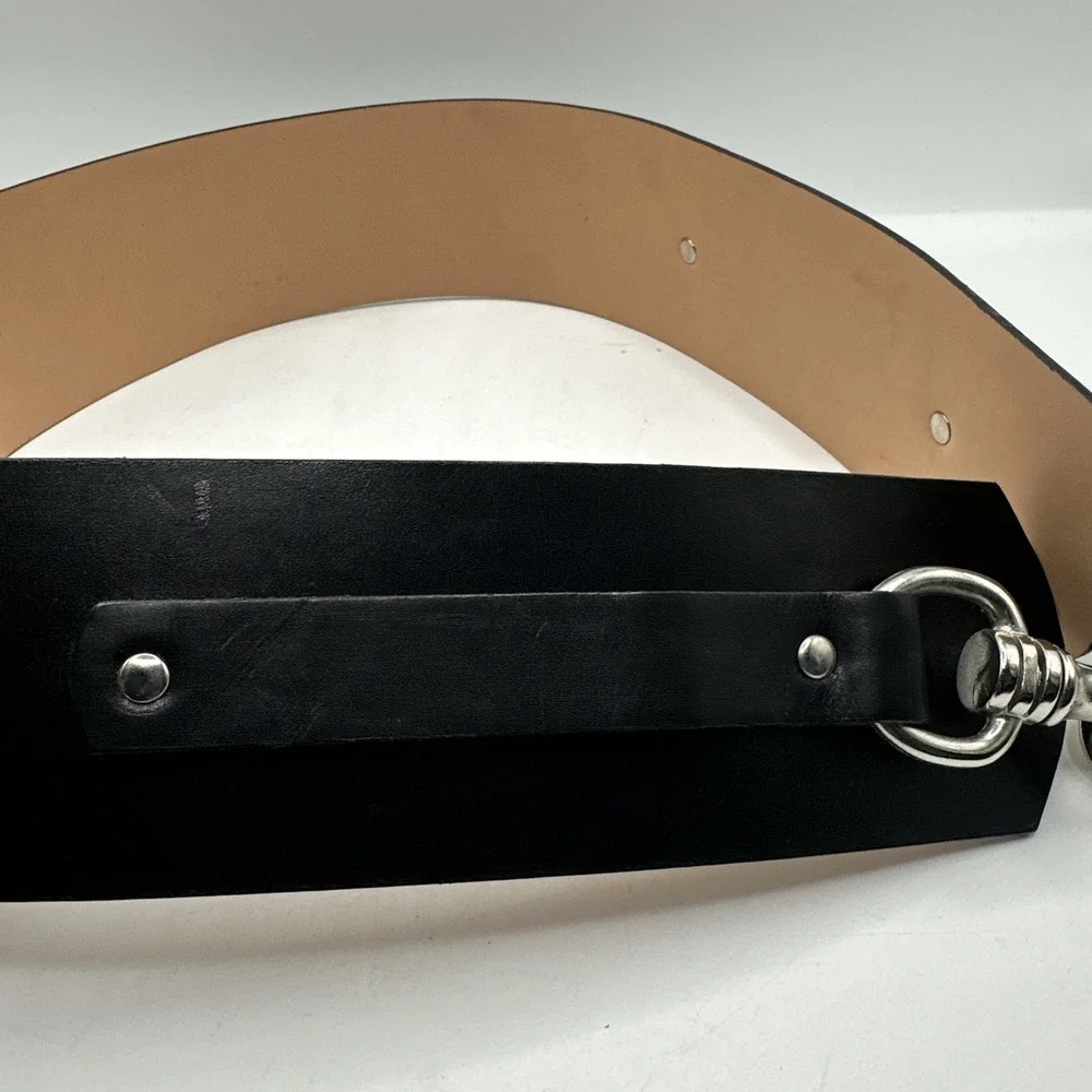Vintage Harold's Black Leather Belt Silver Equestrian Style Ring Buckle Sz Small